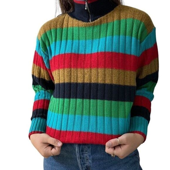 Vintage 1980s Mondi Rainbow Striped Wool Quarter Zip Ski Sweater West Germany - Picture 5 of 9